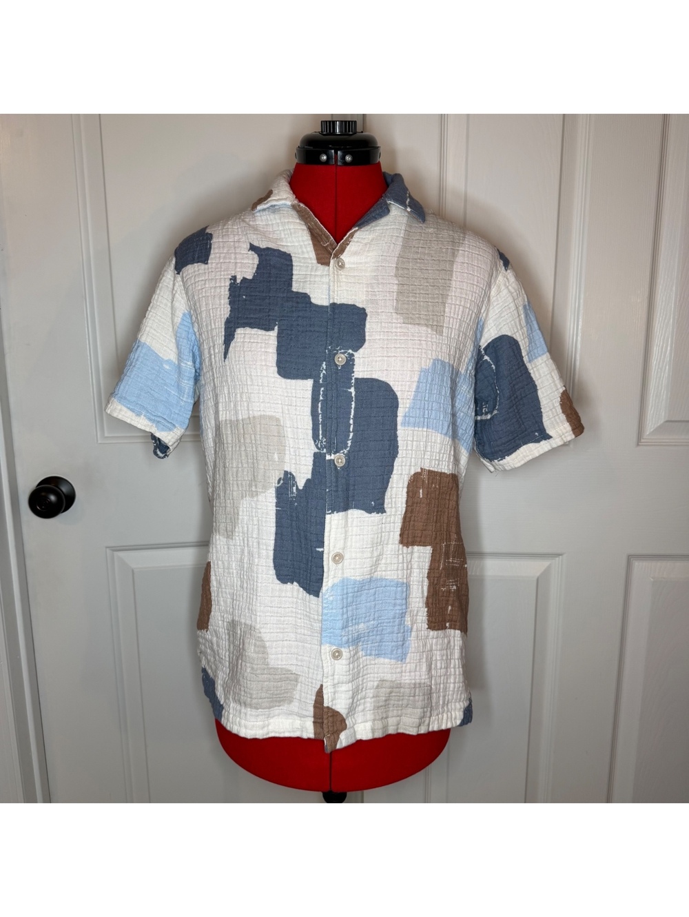 FOLK Tawn Short Sleeve Button Up Collared Shirt Spice Brown Cotton Men’s Medium